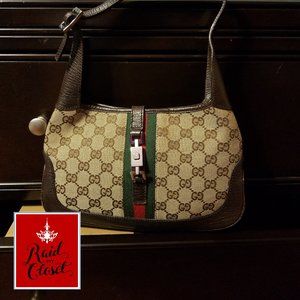 Authentic Gucci Canvas Bag w/ Lock & Leather Trim